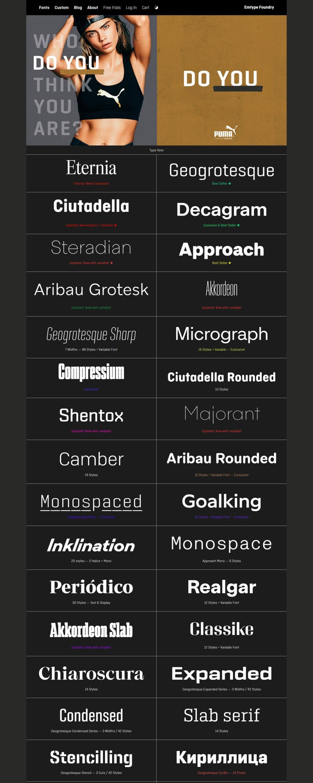 eCommerce website: Emtype Foundry