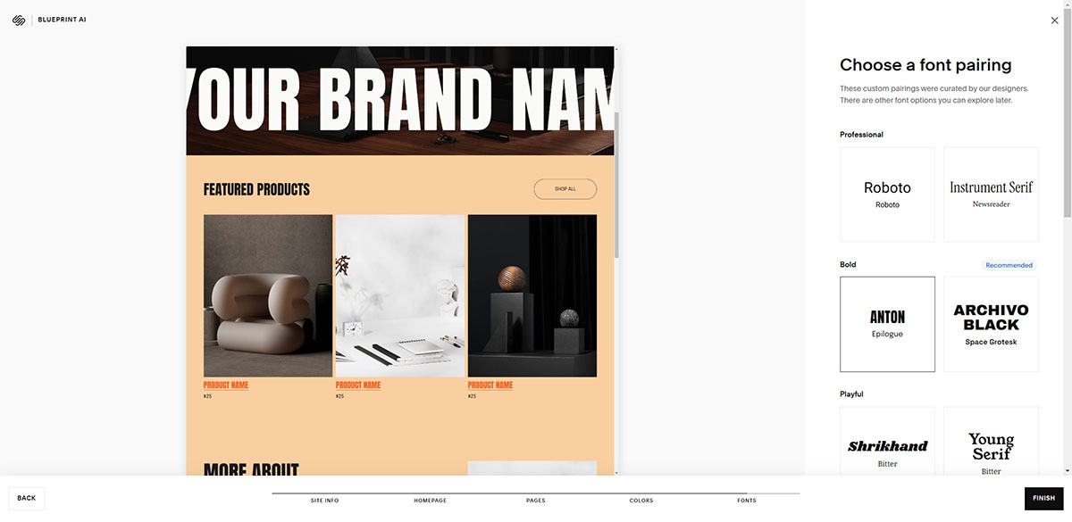 Squarespace Blueprint AI font pairing step