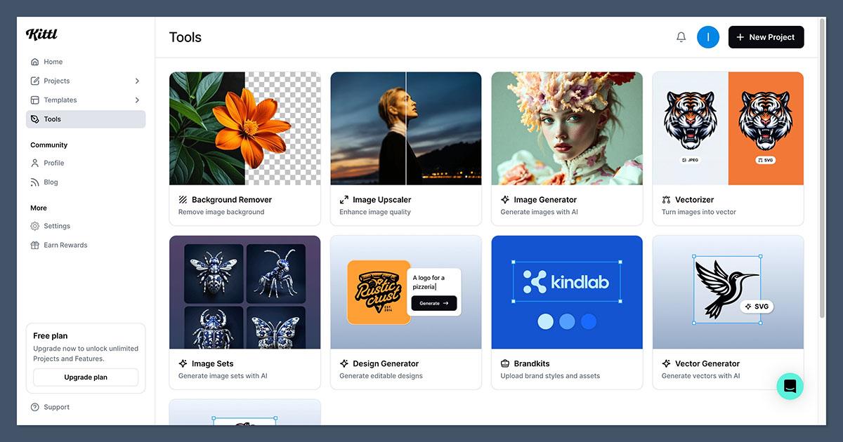 Kittl tools dashboard showing background removal, image upscaling, and vector tools.