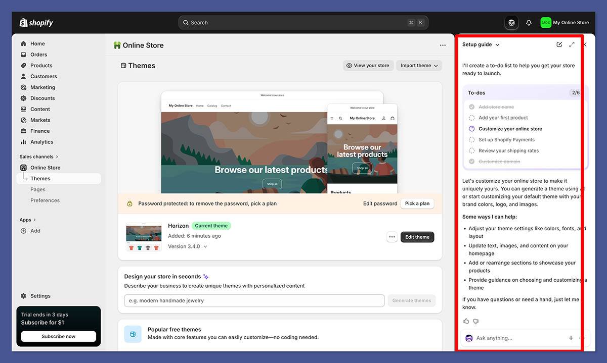Shopify admin with the AI theme prompt and Sidekick setup guide