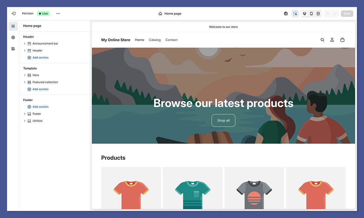 Shopify Horizon theme editor with homepage sections and a storefront preview.