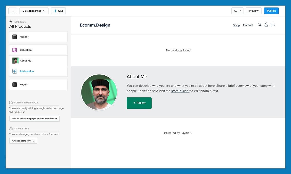 Payhip store builder with section, color and font settings