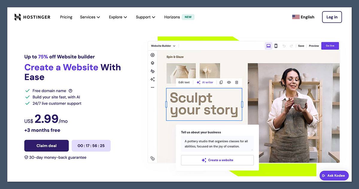 Hostinger website builder homepage with the AI builder prompt