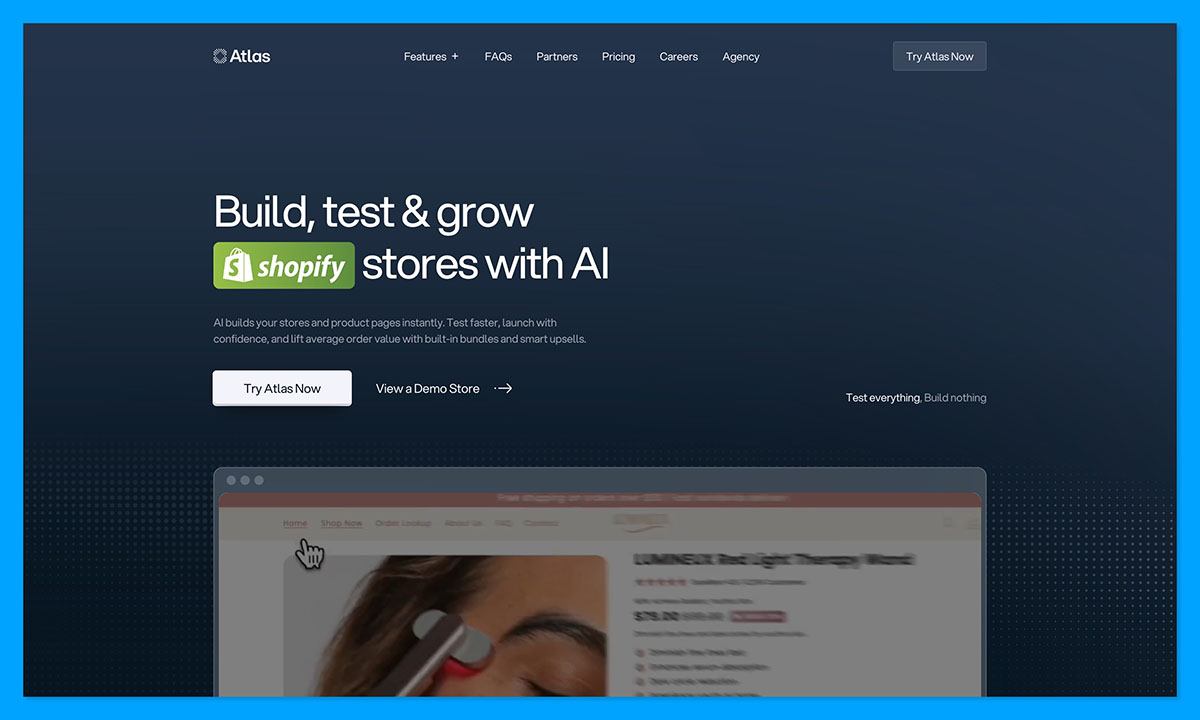 Atlas AI Shopify store builder homepage