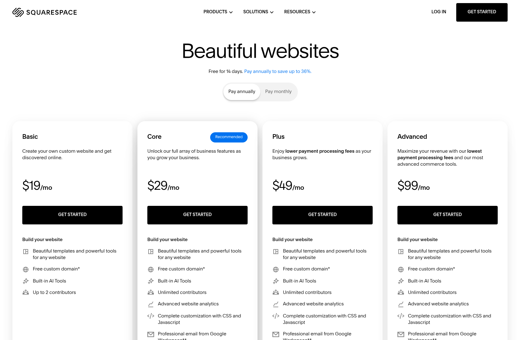 Squarespace US pricing plans: Basic $19, Core $29, Plus $49 and Advanced $99 per month billed annually